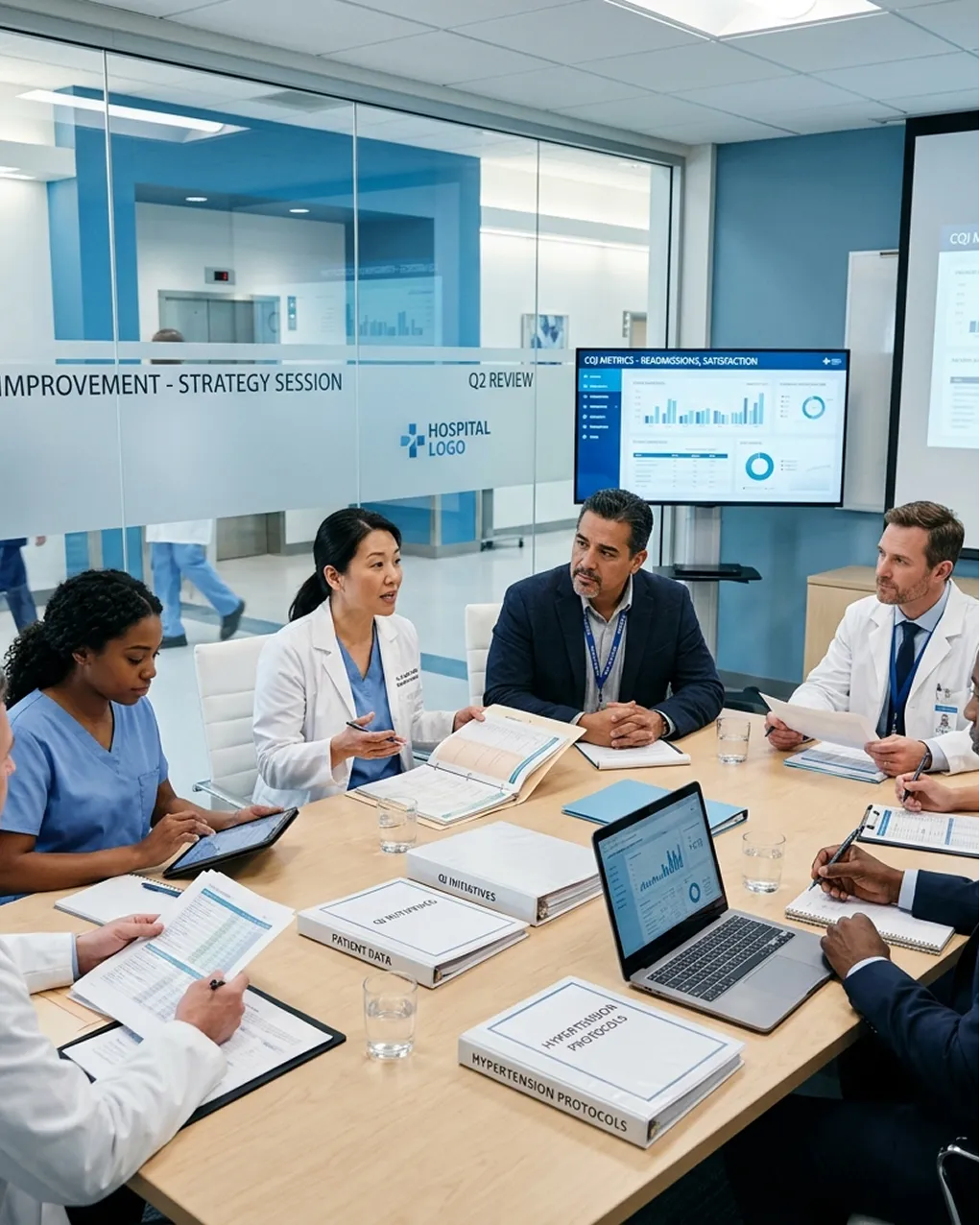 Medical professionals reviewing quality improvement documents in a strategy session